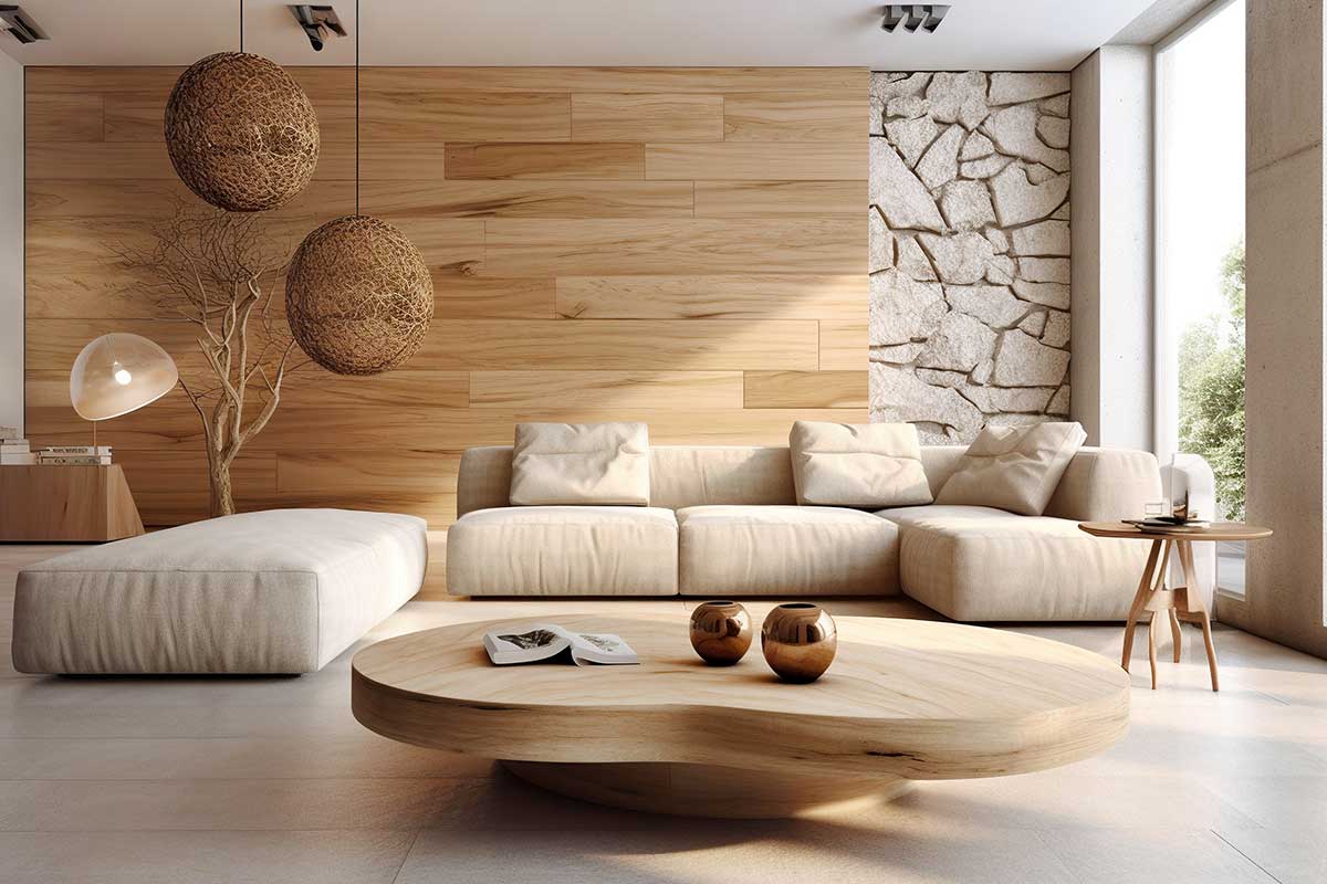 soggiorno di design con parete e tavolo in legno