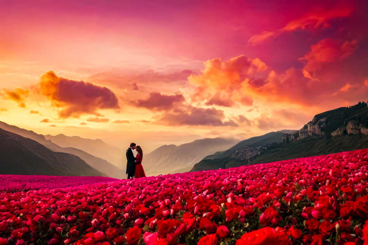 coppia innamorata in un campo di fiori