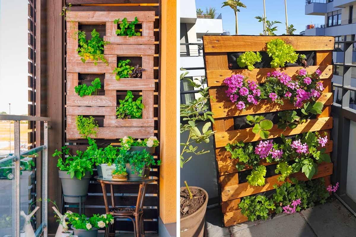 fioriera con pallet sul balcone 