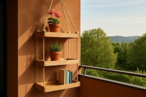 Con cassette della frutta e corde fai uno scaffale sospeso per il balcone