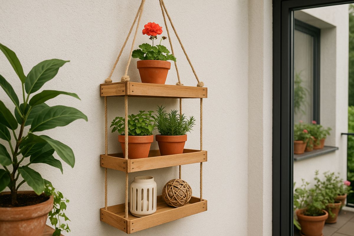 crea uno scaffale con cassette della frutta e corda