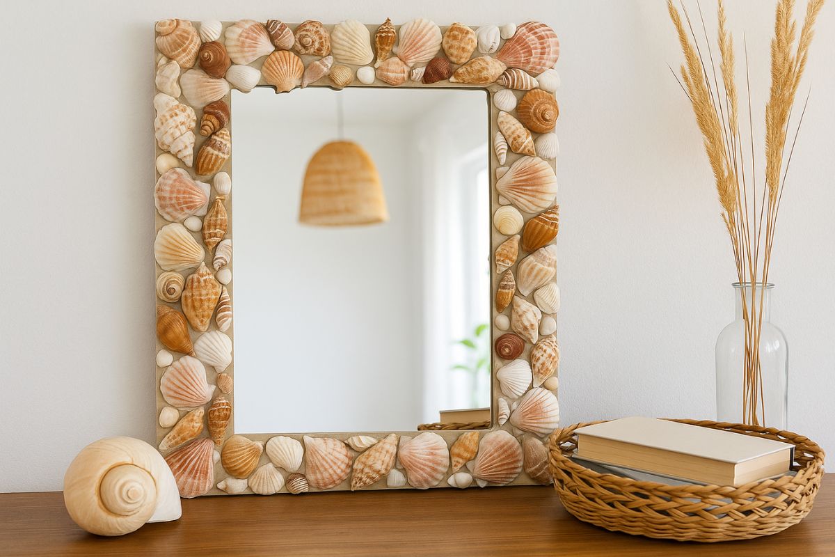 decora uno specchio con le conchiglie 