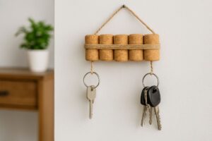 Un'idea fai-da-te semplice e d'effetto: crea un portachiavi da muro con tappi di sughero e spago, per organizzare le chiavi e decorare con stile.