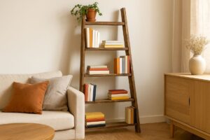 Con una vecchia scala in legno crei una libreria verticale dal sapore rustico