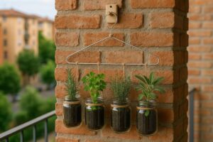 Da una gruccia e dei barattoli nasce un giardino aromatico da appendere