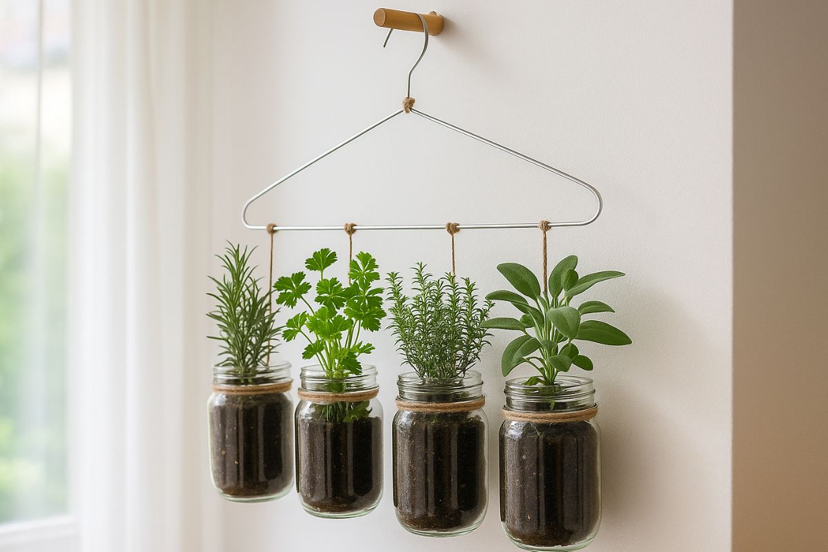 crea un giardino verticale con una gruccia e dei barattoli