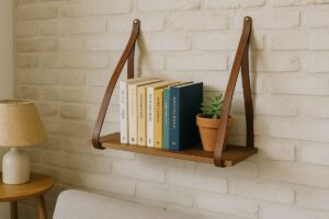 Crea una mini libreria sospesa usando vecchie cinture e assi di legno