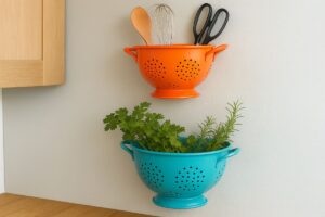 Riciclo creativo: portaoggetti da parete con vecchi scolapasta colorati